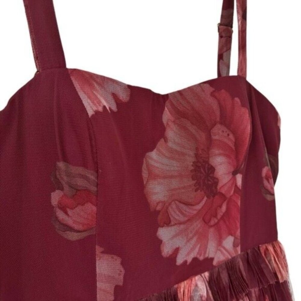 Anthropologie Hutch Nalina Tiered Tulle Floral Print Burgundy Maxi Dress Size 10 - Picture 6 of 10